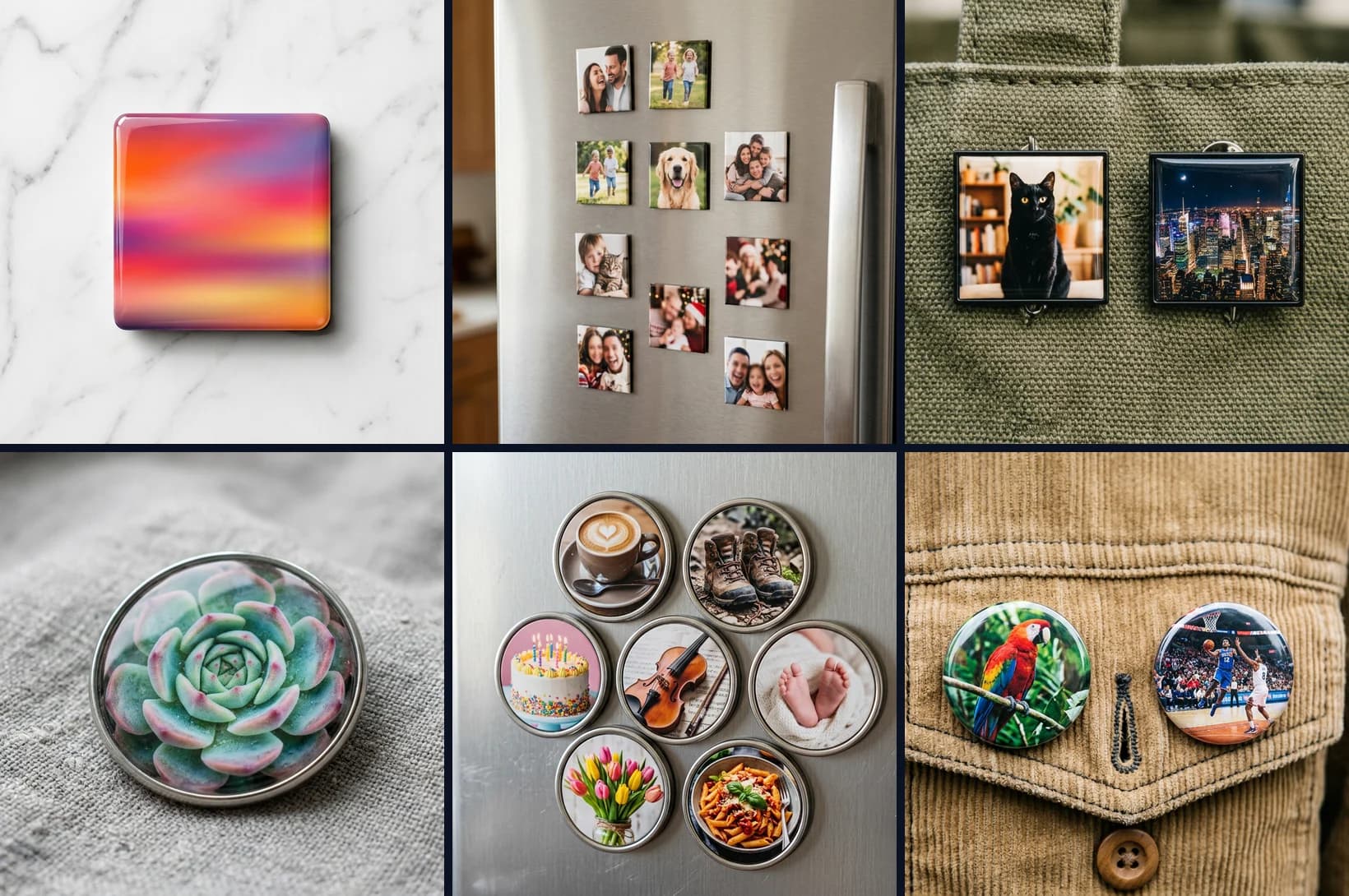 GOTDY square and circle photo magnets — varied moments on marble, fridge, and fabric