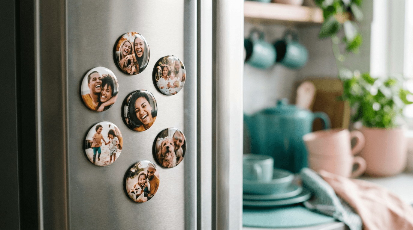 Round button-style photo magnets on a refrigerator
