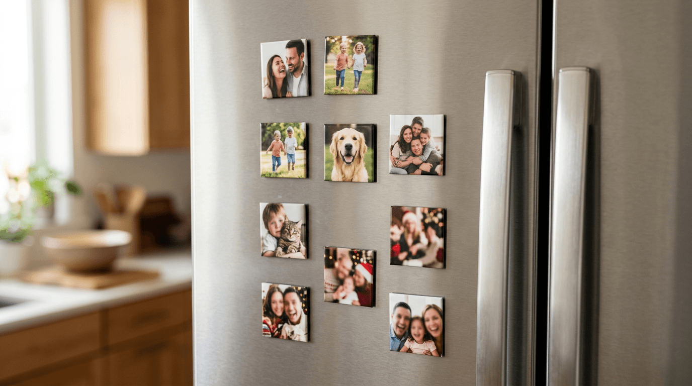 Square photo magnets on a refrigerator
