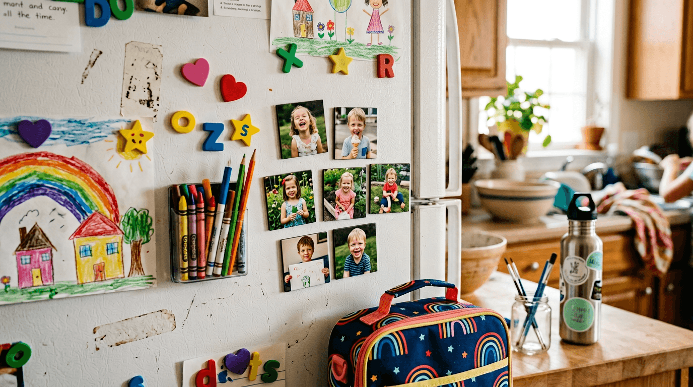 Kids and colorful magnets in a family kitchen