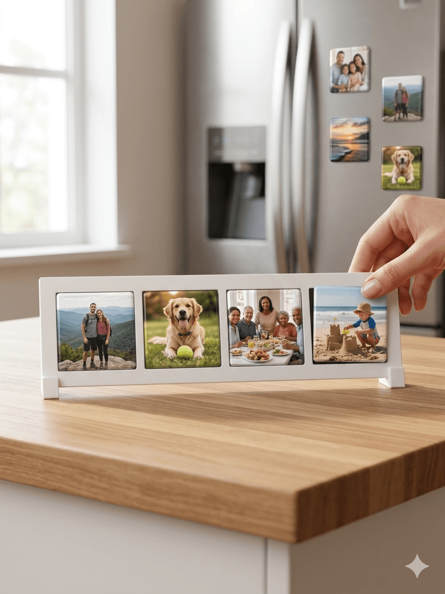 Family photo magnets in a display frame