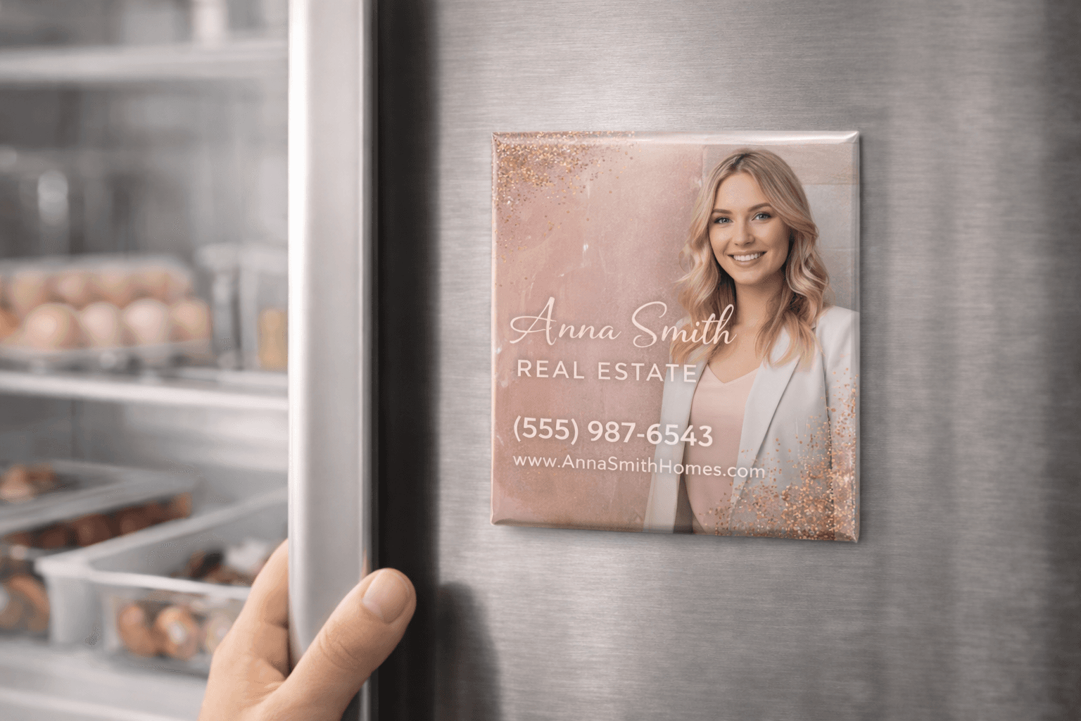 Four square photo magnets on a fridge — realtor closing gifts