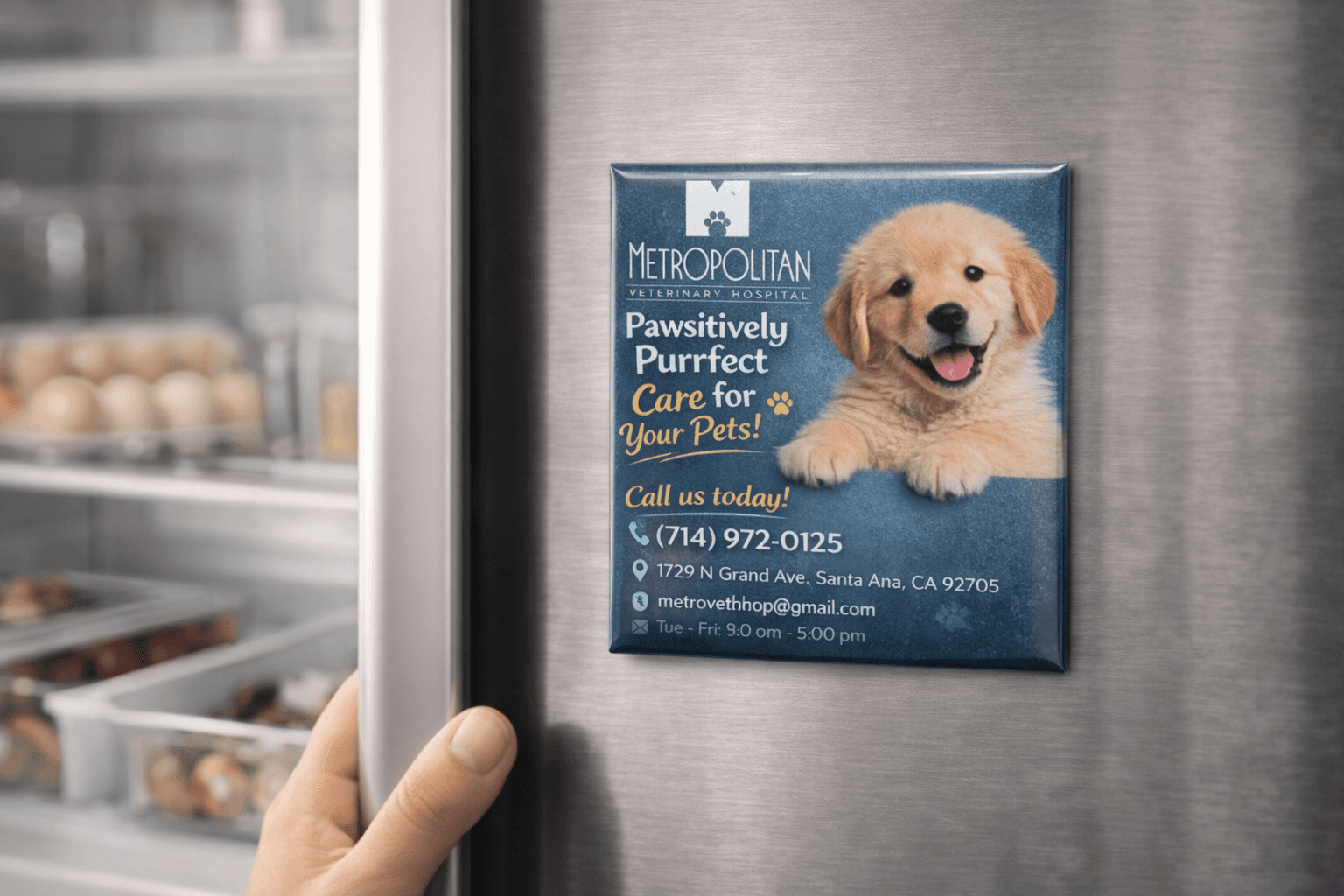 Reminder-style photo magnet on a refrigerator
